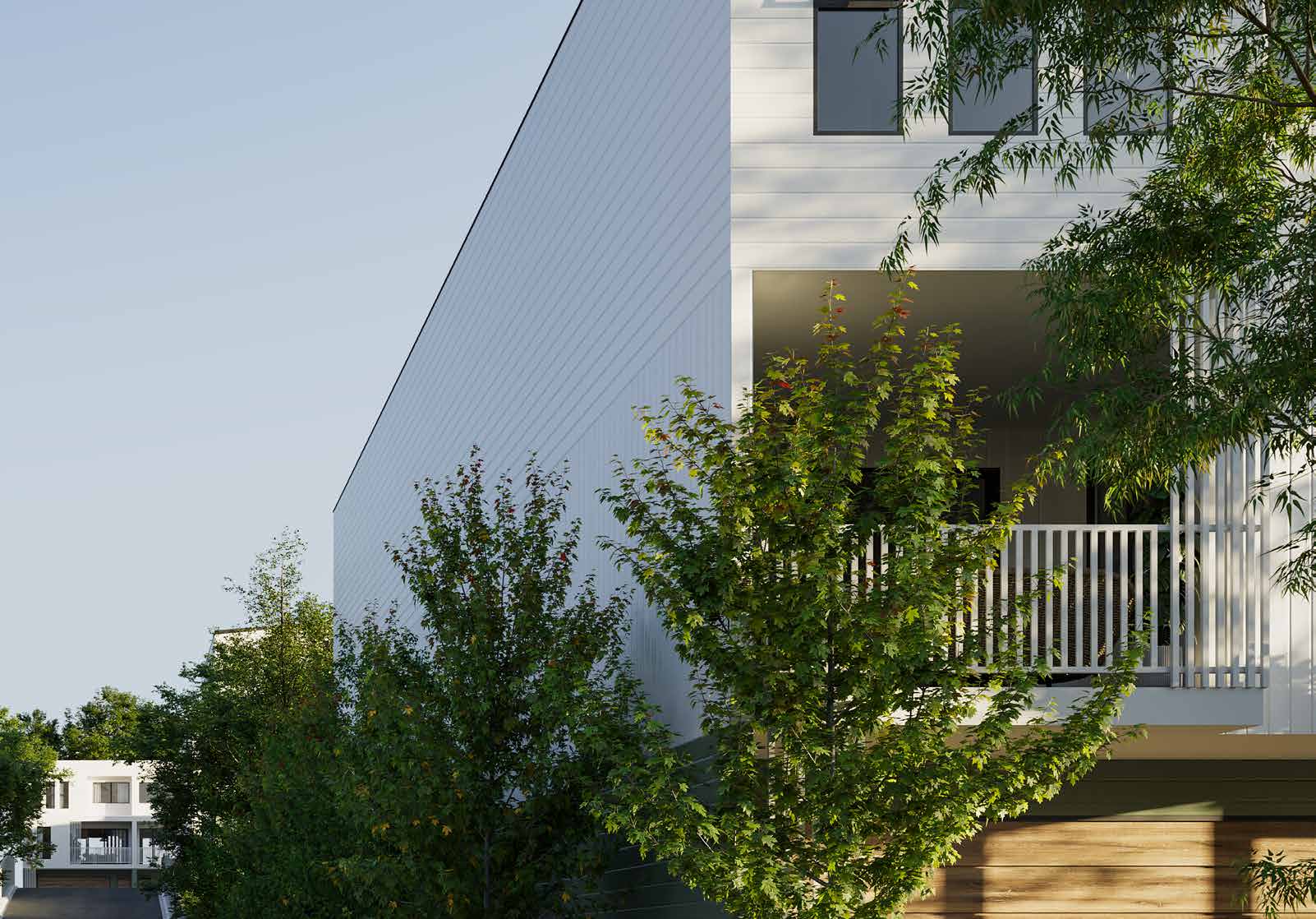 Architectural detail — light facade with foliage